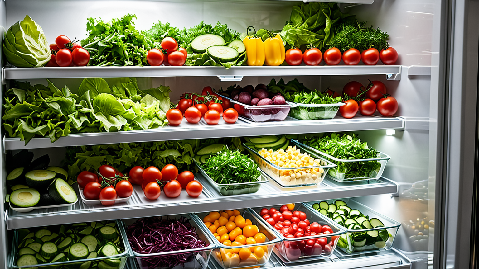 冷蔵庫に保存された様々なサラダ