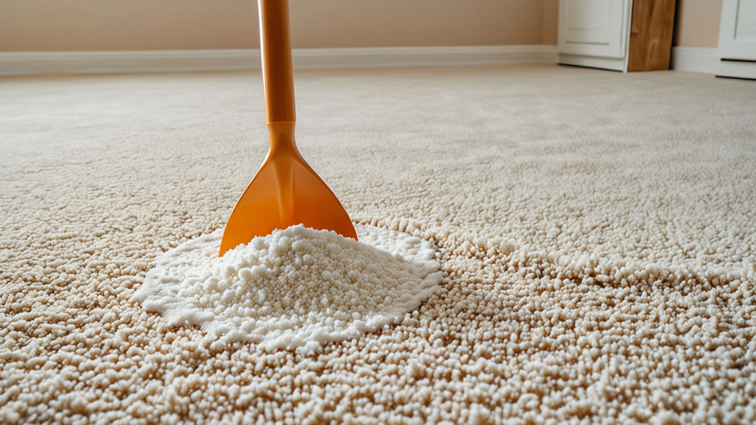 重曹をカーペットに均一に振りかけている様子