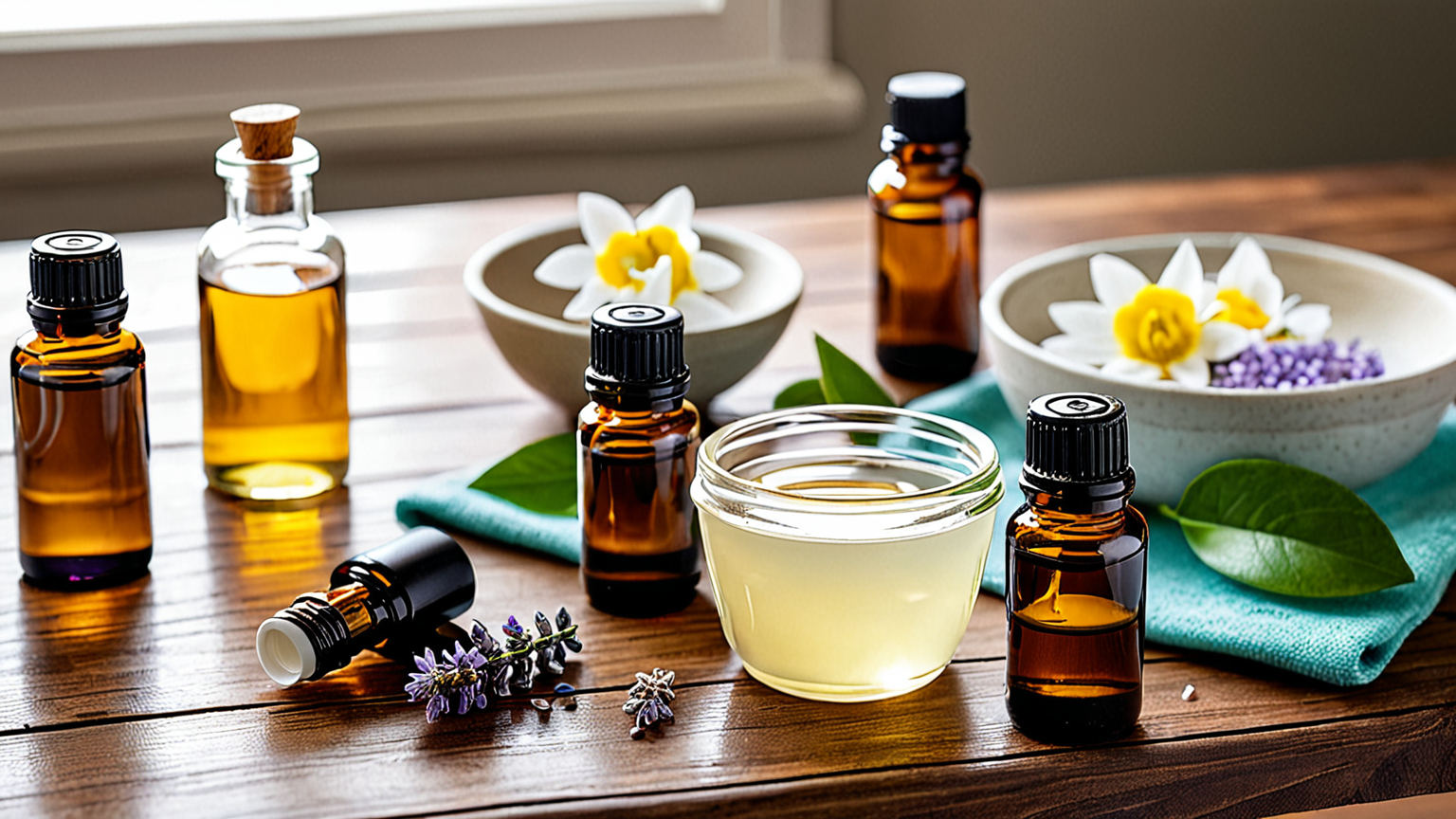 重曹とエッセンシャルオイルの瓶が置かれたテーブル