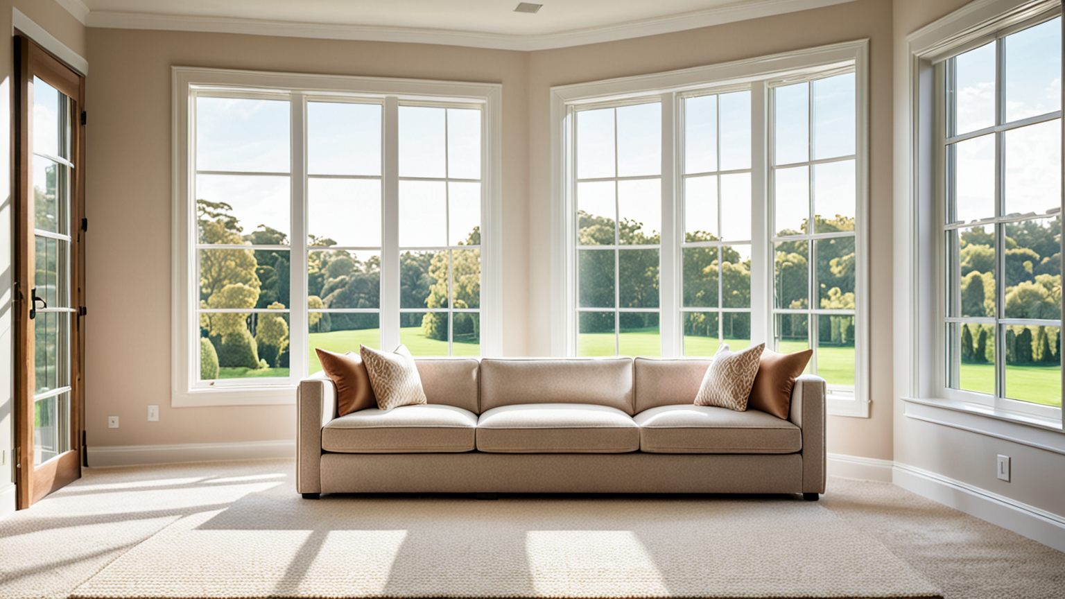 カーペットのある部屋で窓を開けて換気をしている様子