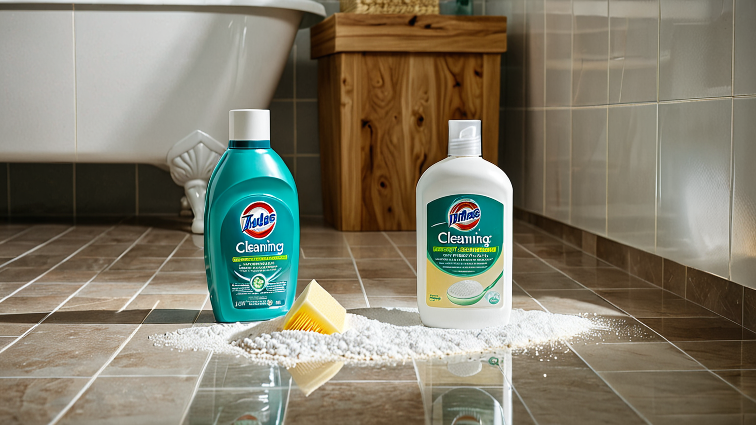 オキシクリーンのパッケージと浴室の床