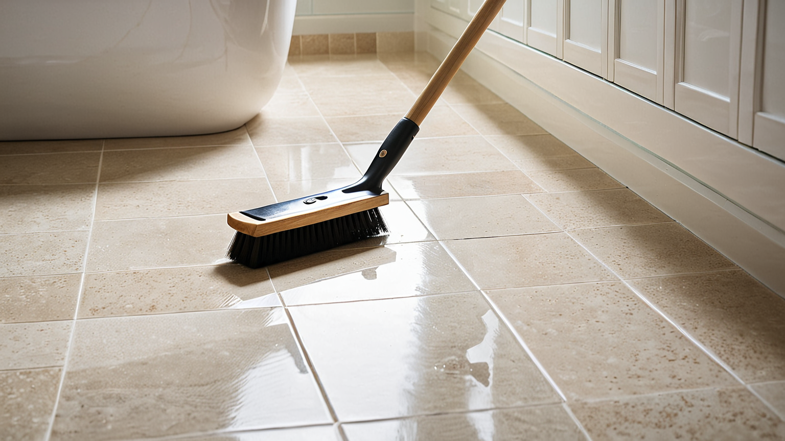 浴室の床をブラシで掃除している様子