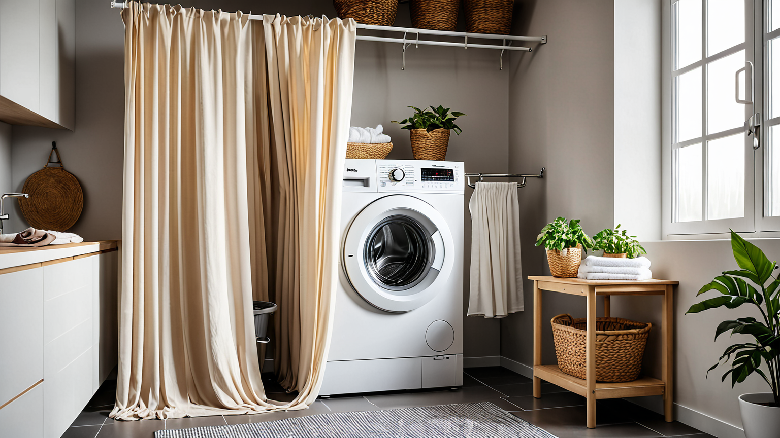 洗濯機にカーテンを入れる様子