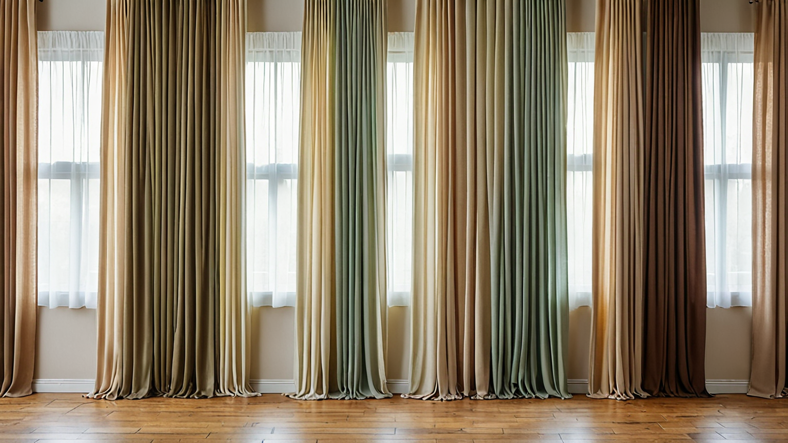 色々な素材のカーテンが並んでいる様子