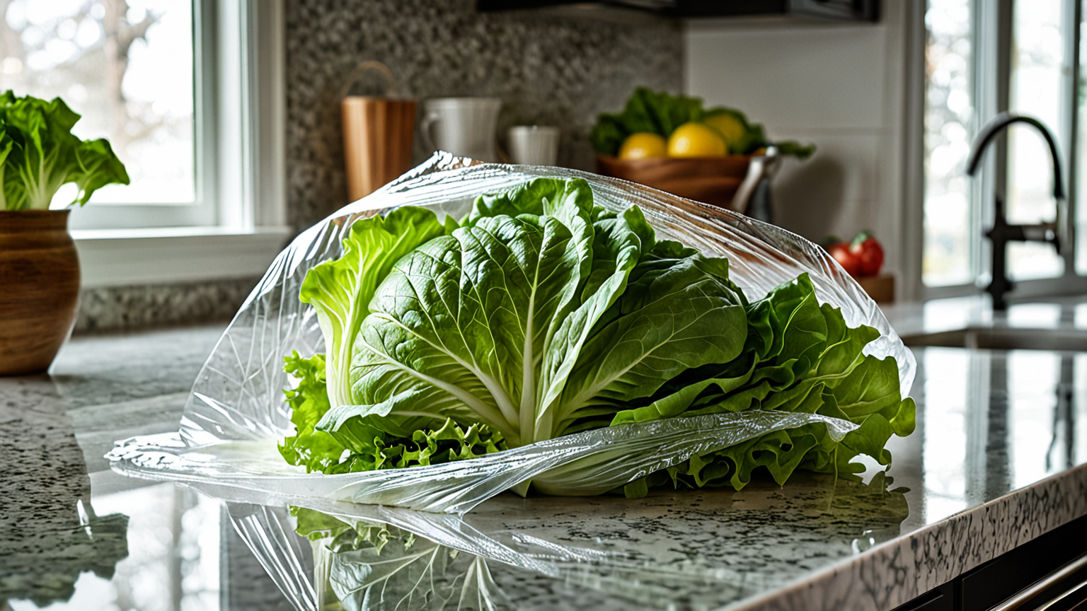 レタスをラップで包む様子