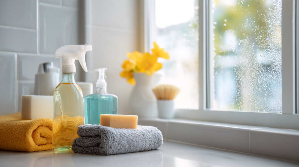 掃除後に換気しているお風呂場の様子