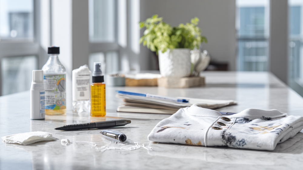 服のボールペン汚れに対して応用技を試す様子