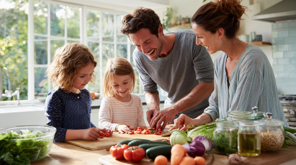 節約料理を楽しむ家族の様子