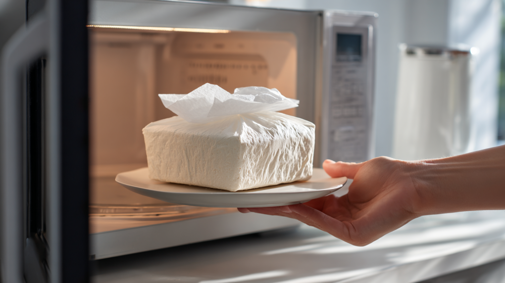 電子レンジで豆腐の水切りをするメリットを説明する図