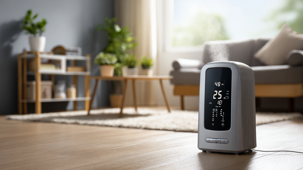 湿度計と除湿器で室内環境を管理する様子