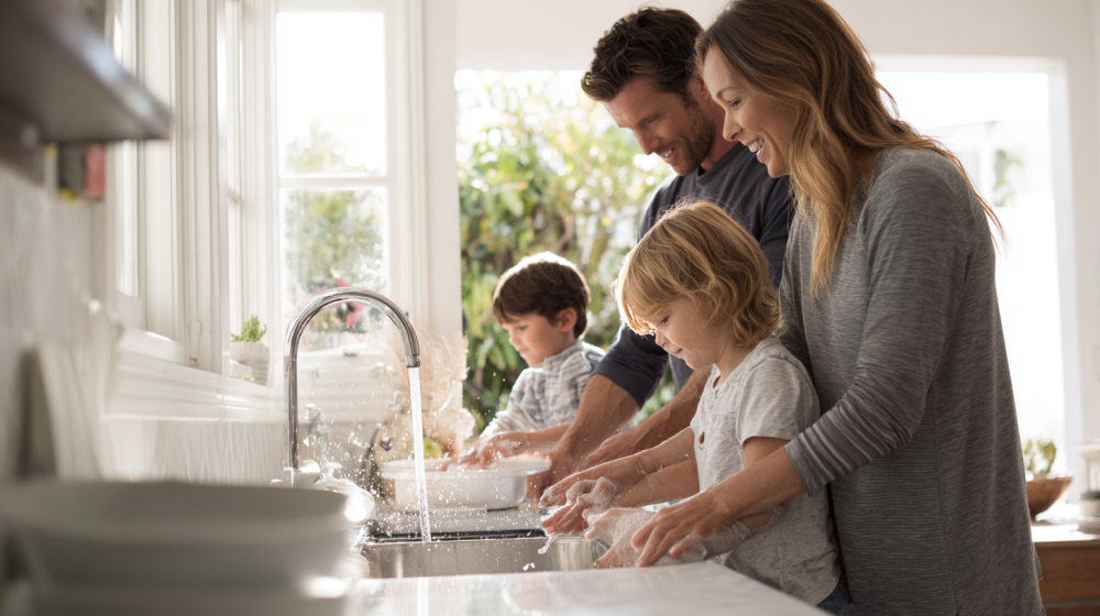 節水効果を実感する家族の様子