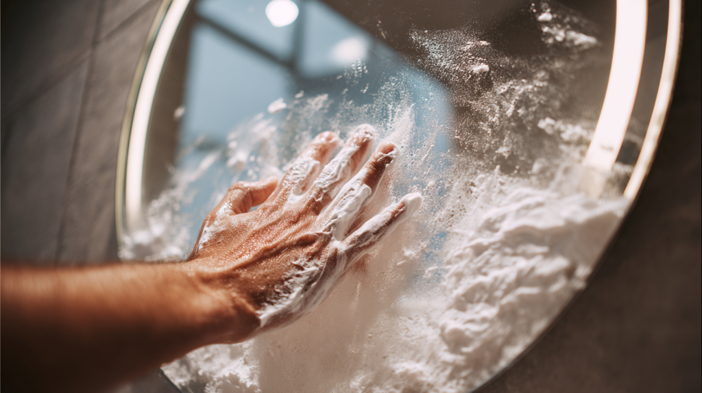 シェービングクリームを鏡に塗る手順イメージ