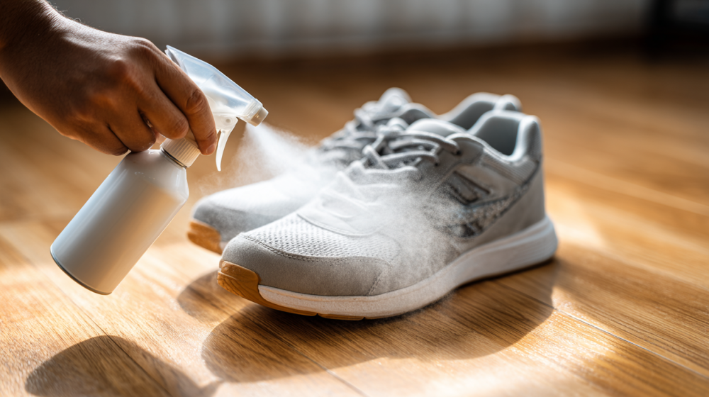 靴に重曹スプレーを吹きかける手順のイメージ