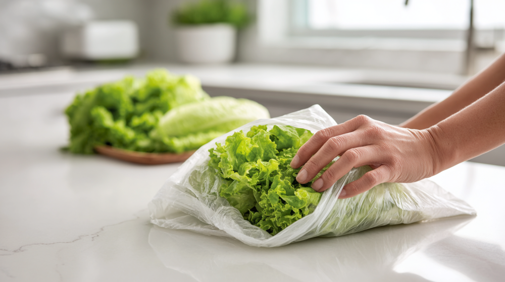 レタスをキッチンペーパーで包んで保存袋に入れている様子