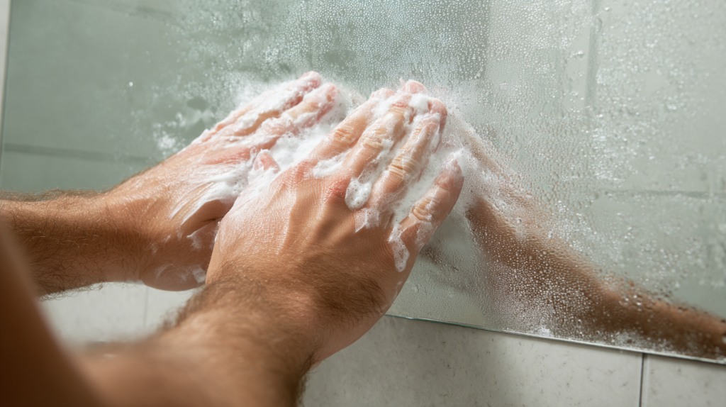 鏡にシェービングクリームを塗っている様子