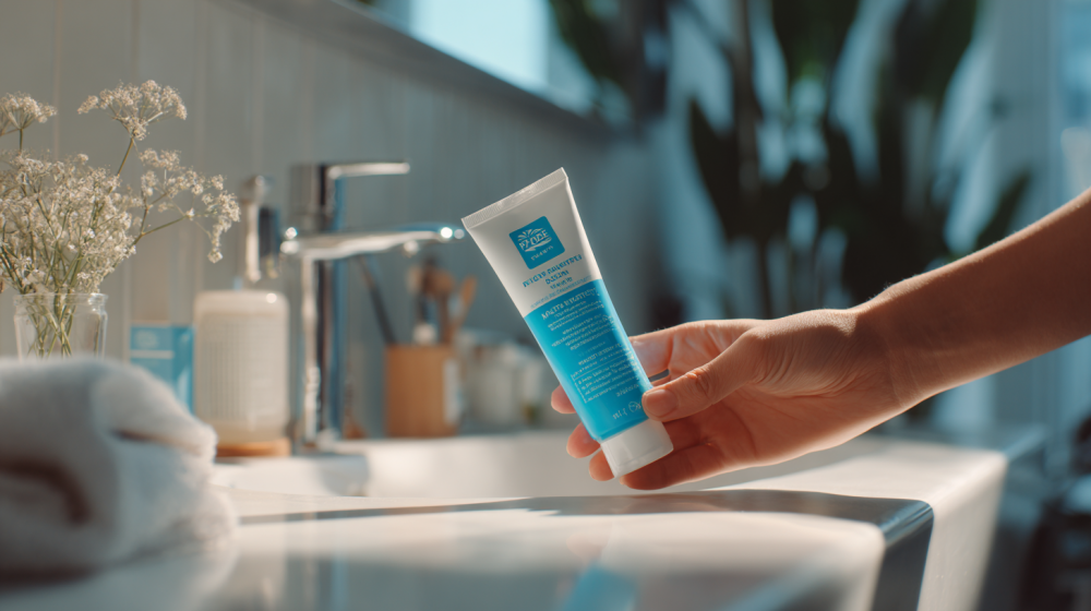 歯磨き粉のラベルを確認している様子