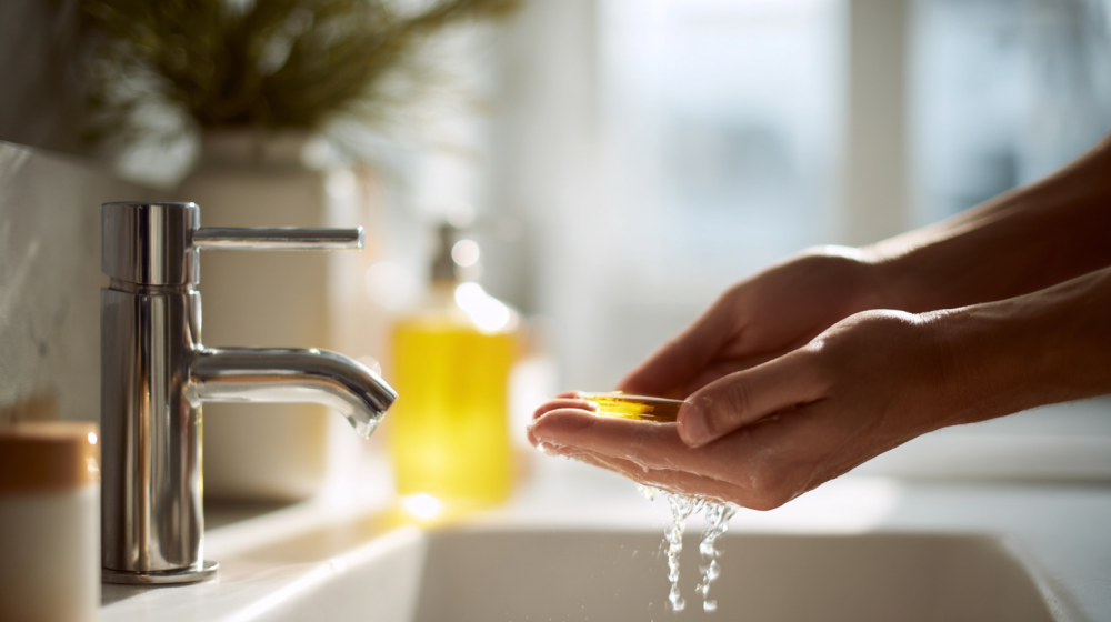 シャンプー節約の基本を実践する様子