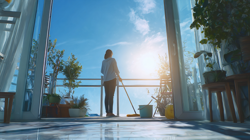 ベランダ掃除の注意点を示すイラスト