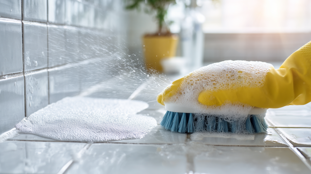 お風呂の壁を重曹とクエン酸で掃除している様子