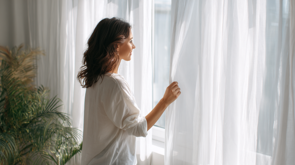 網戸の汚れを確認している様子