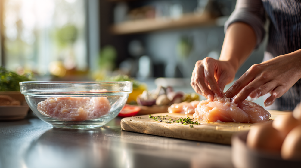 衛生的なキッチンで鶏肉を扱う様子