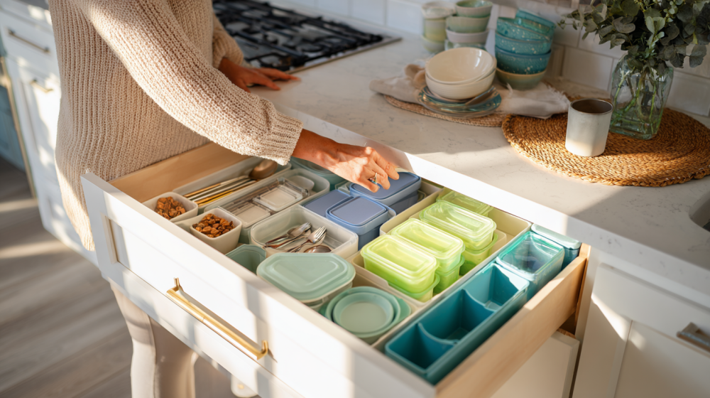 キッチン 引き出し 収納 アイデアを実践している様子