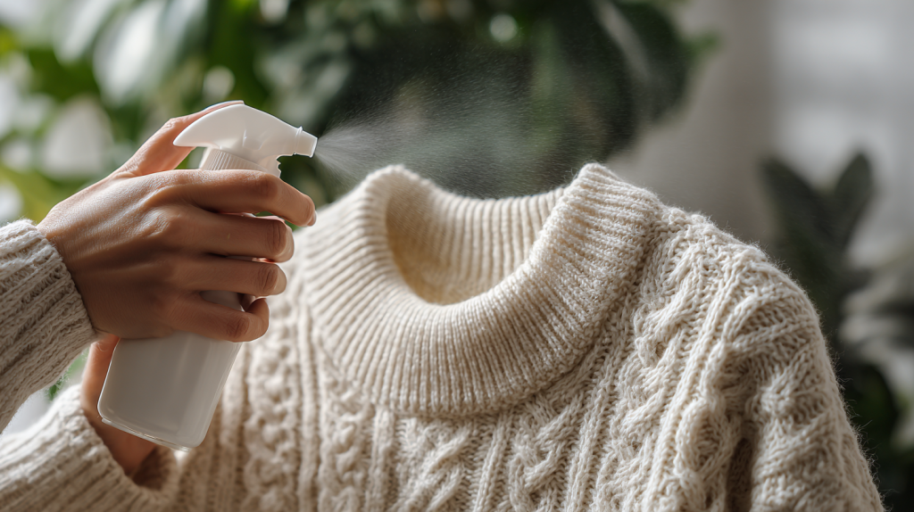 静電気防止スプレーを服にかける様子