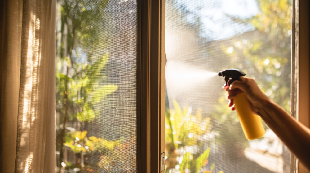 夏 虫除け 網戸 スプレーを実践している様子