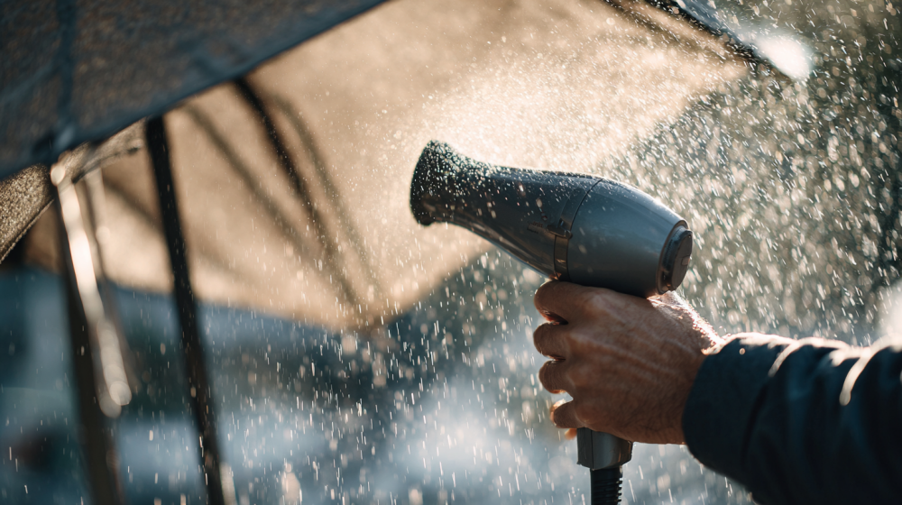 傘の撥水効果をドライヤーで復活させている様子