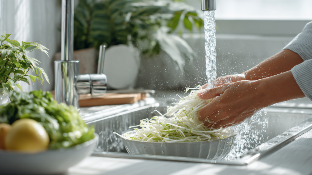 もやしの下処理をしている様子