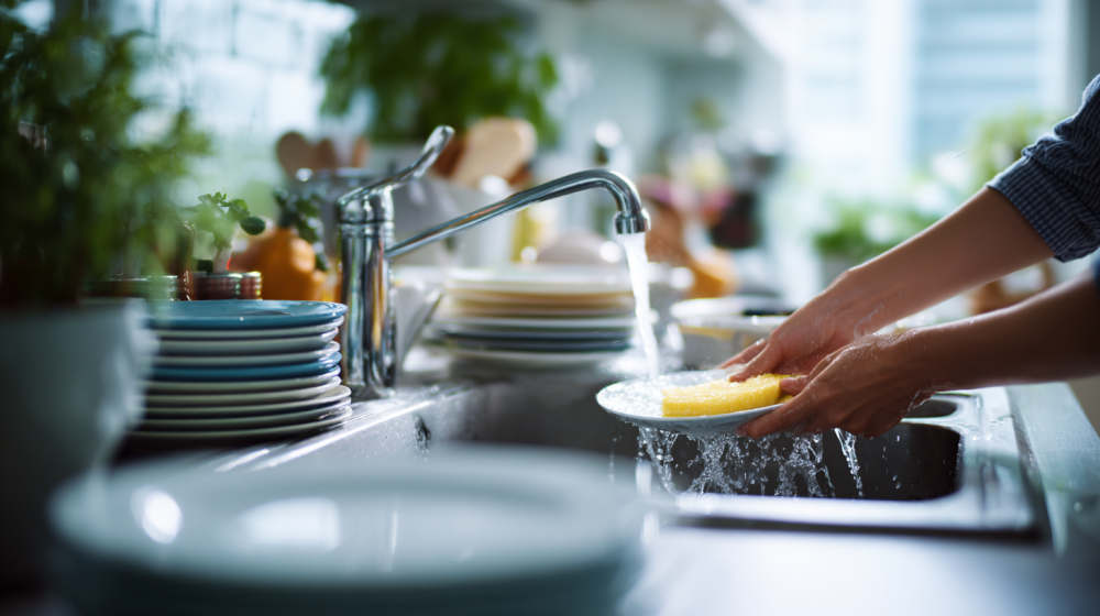 食器洗い 節水 コツ 水 止めるを実践している様子