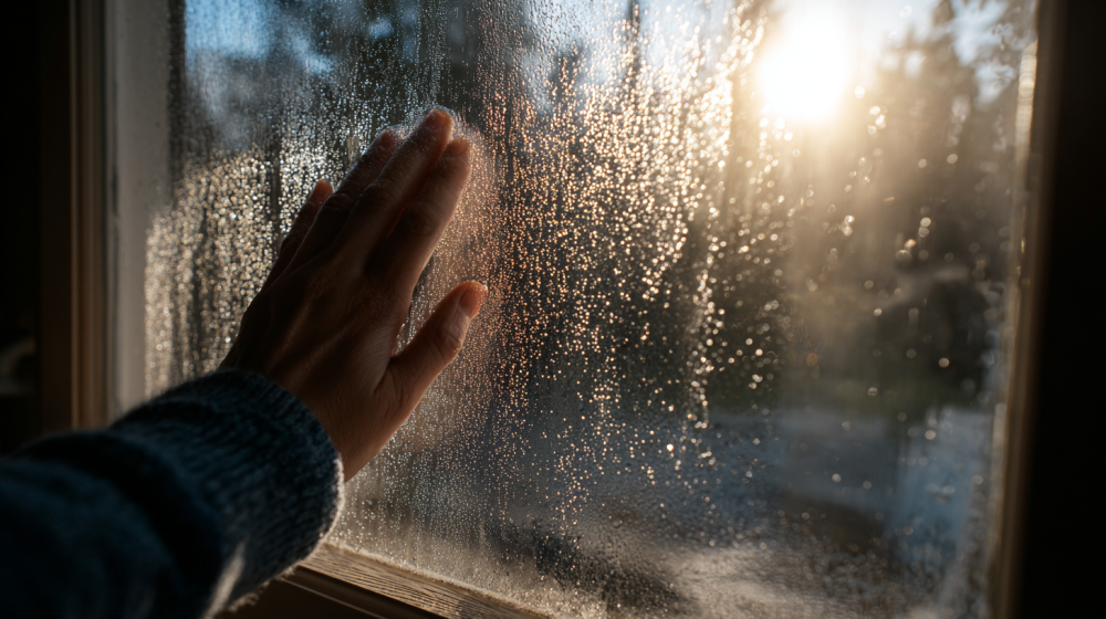 窓の結露を拭き取る様子