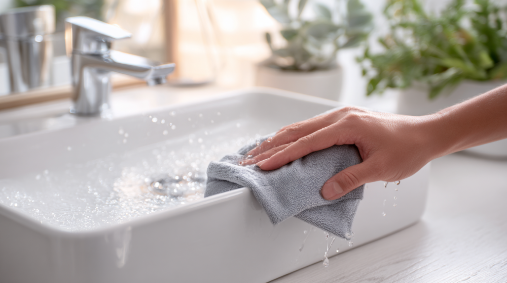 洗面台の水気をふき取る様子