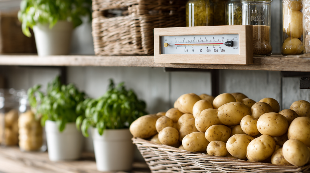 温度計と湿度計を設置したじゃがいも保存場所