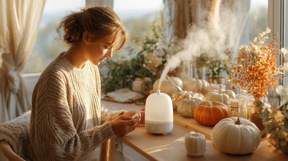 秋の部屋で加湿器を使いながら肌をケアする様子