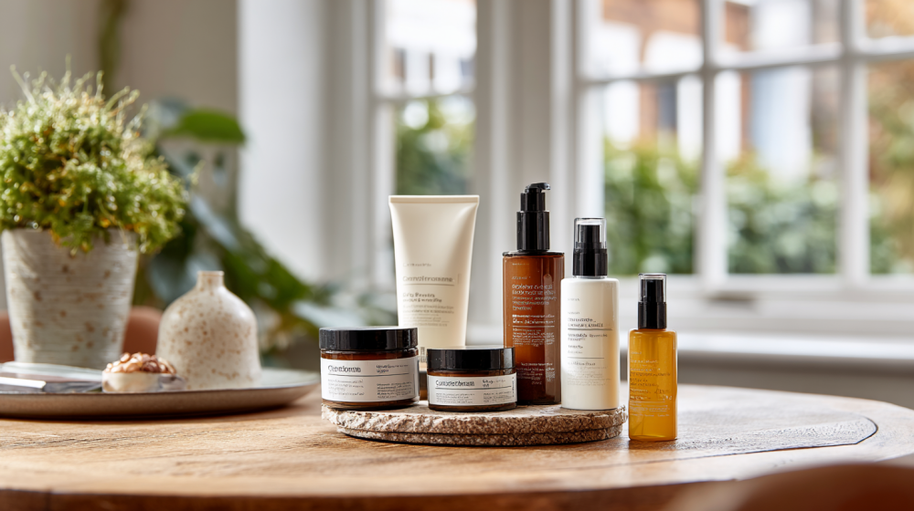 秋のスキンケアアイテムが並ぶテーブル