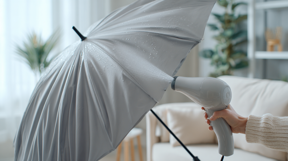傘 撥水 復活 ドライヤーの注意点を示すイラスト