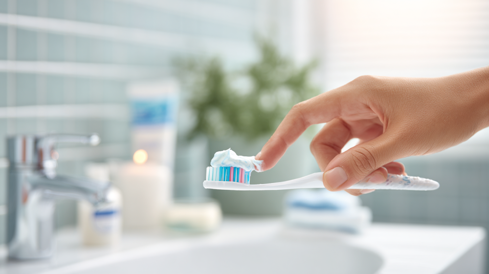 歯磨き粉の適量を手に取っている様子