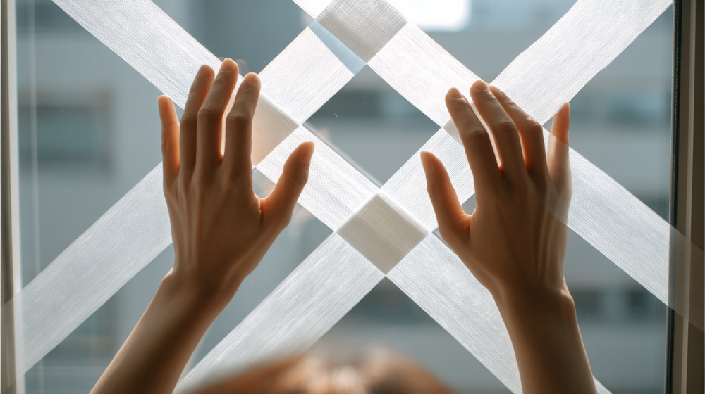 台風による窓ガラスの破損防止のためテープを貼っている様子