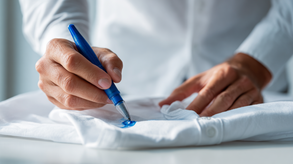 服のボールペン汚れをステップで落としている様子