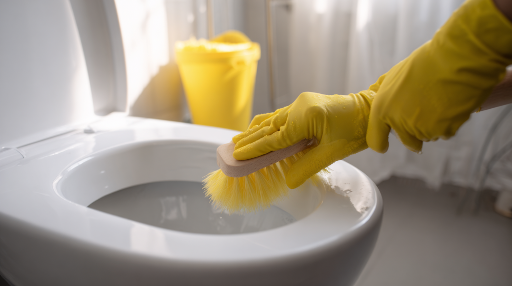 トイレ掃除中の手元とブラシの写真
