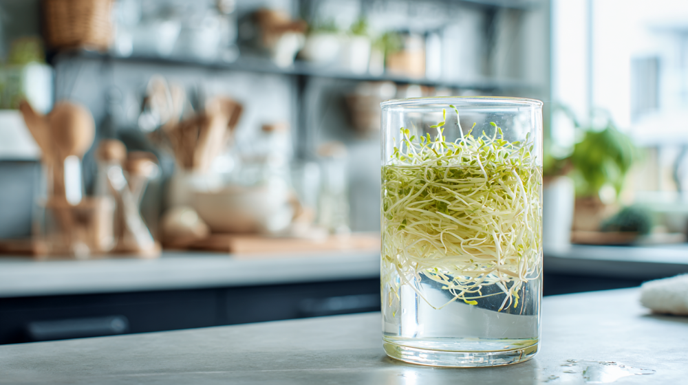 もやしを水に浸して保存している様子