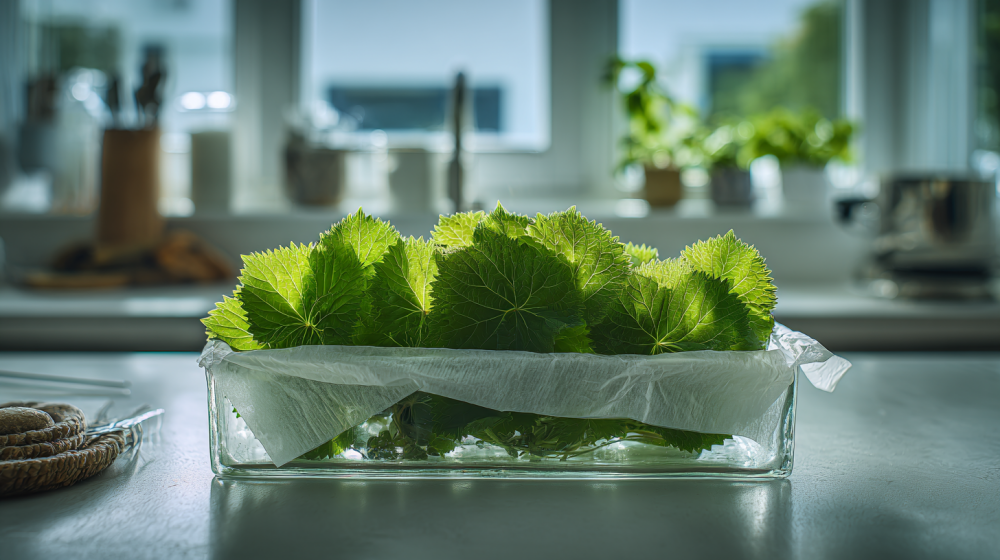 大葉の保存容器やキッチンペーパーを使った保存法のイメージ