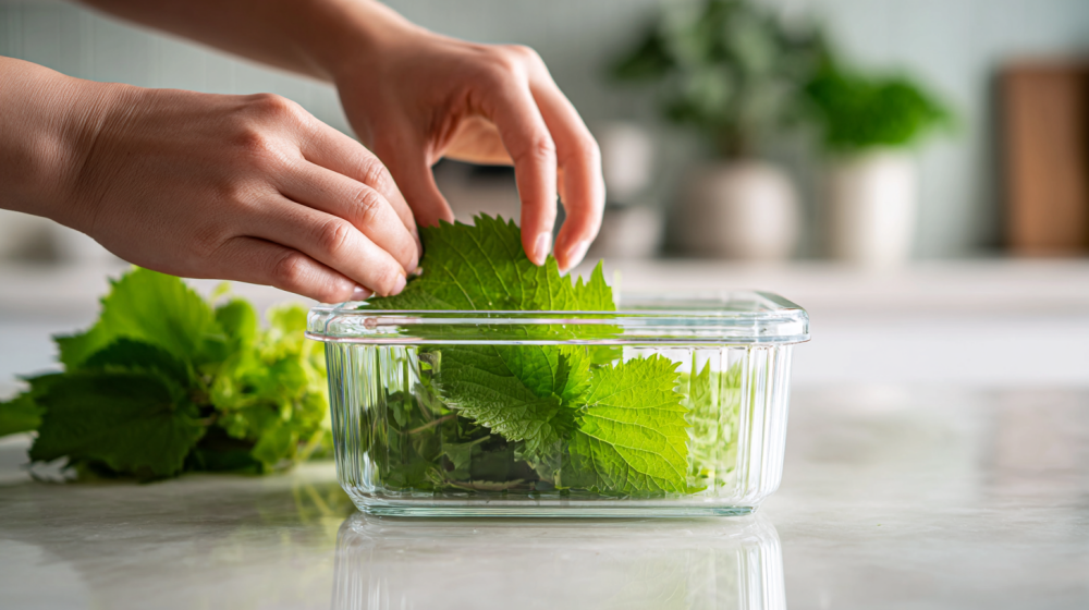 新鮮な大葉を保存容器に入れている様子