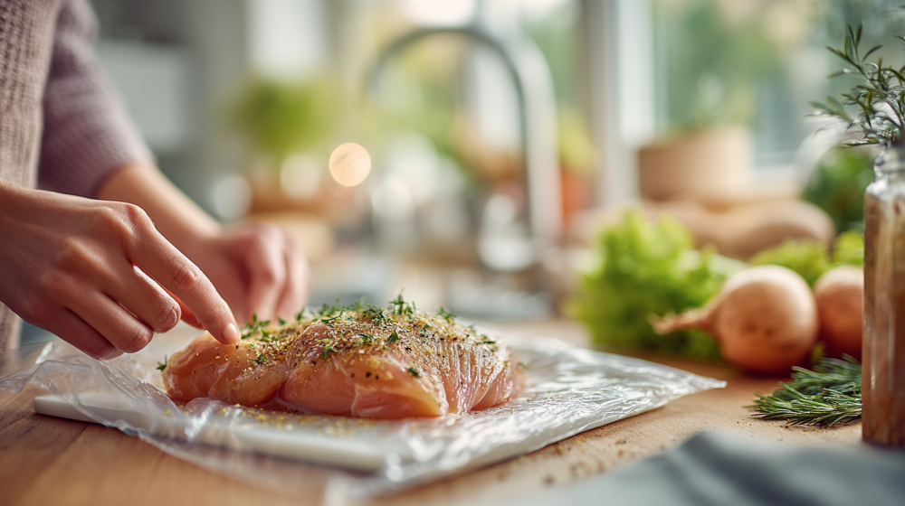 鶏肉の下味付けと冷凍準備の様子