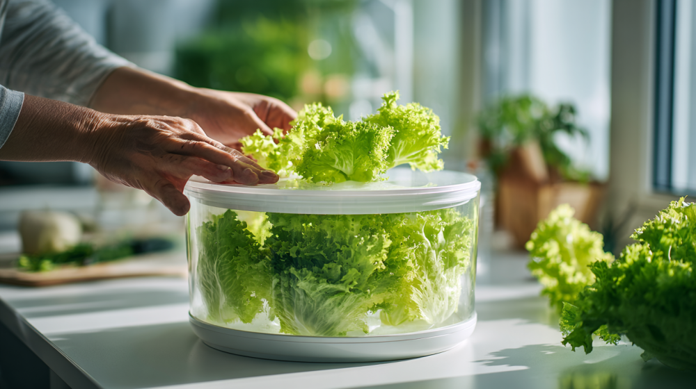 サラダスピナーでレタスの水切りをしている様子