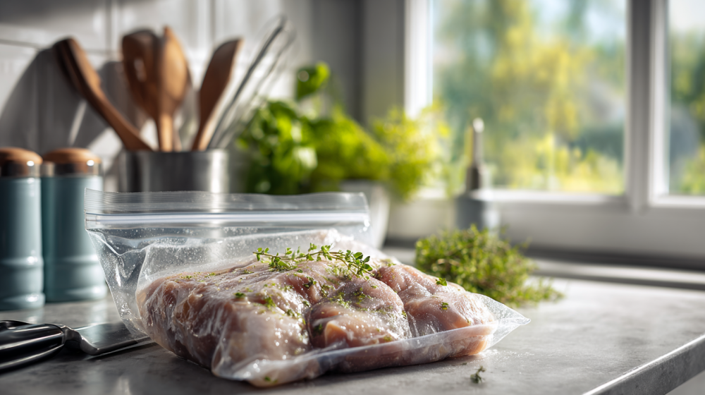 鶏肉に下味をつけて冷凍保存している様子