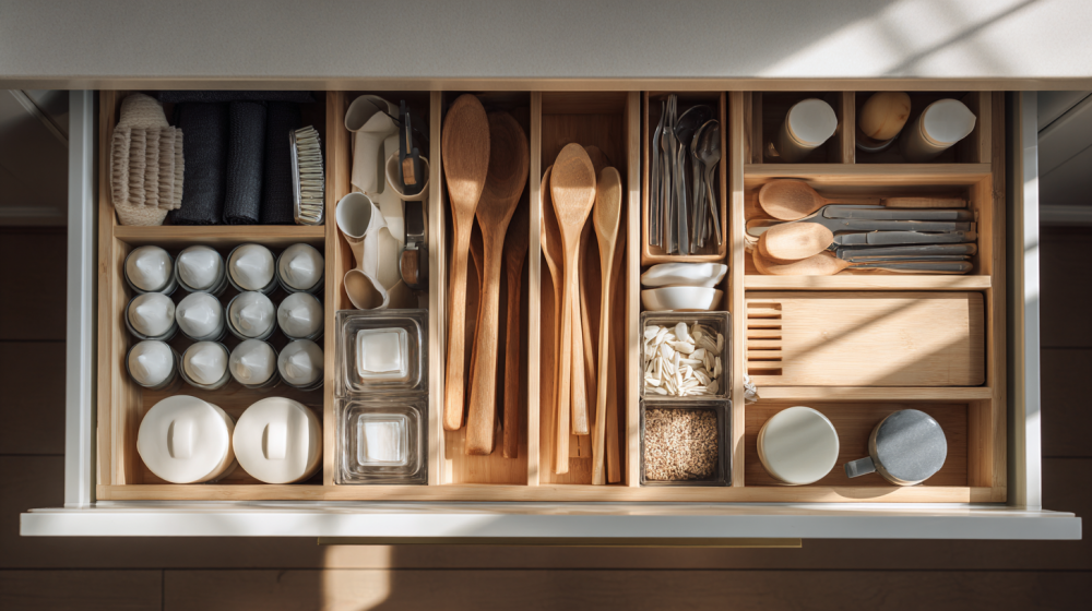 キッチン 引き出し 収納 アイデアの整理手順のイラスト