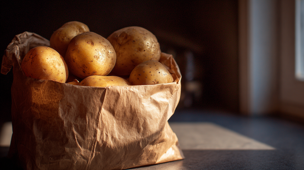 じゃがいもを紙袋に入れて暗所で保存している様子