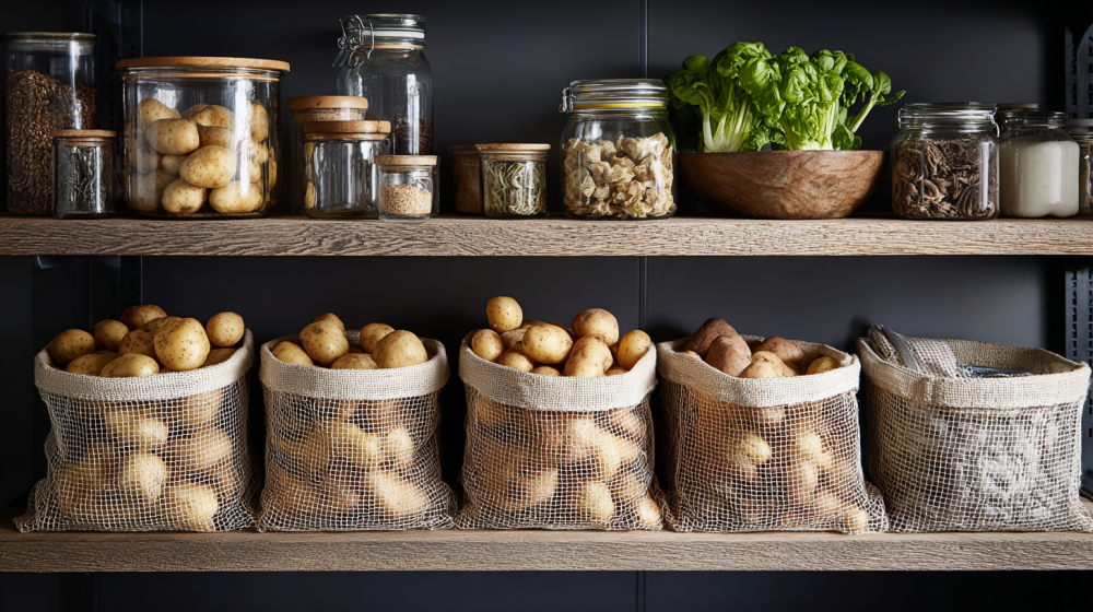 じゃがいもを涼しく暗い場所で保存している様子